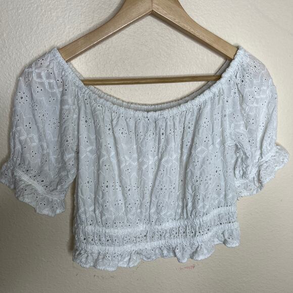 American Eagle Embroidered White Elastic Hem Crop Top Small - Picture 5 of 8